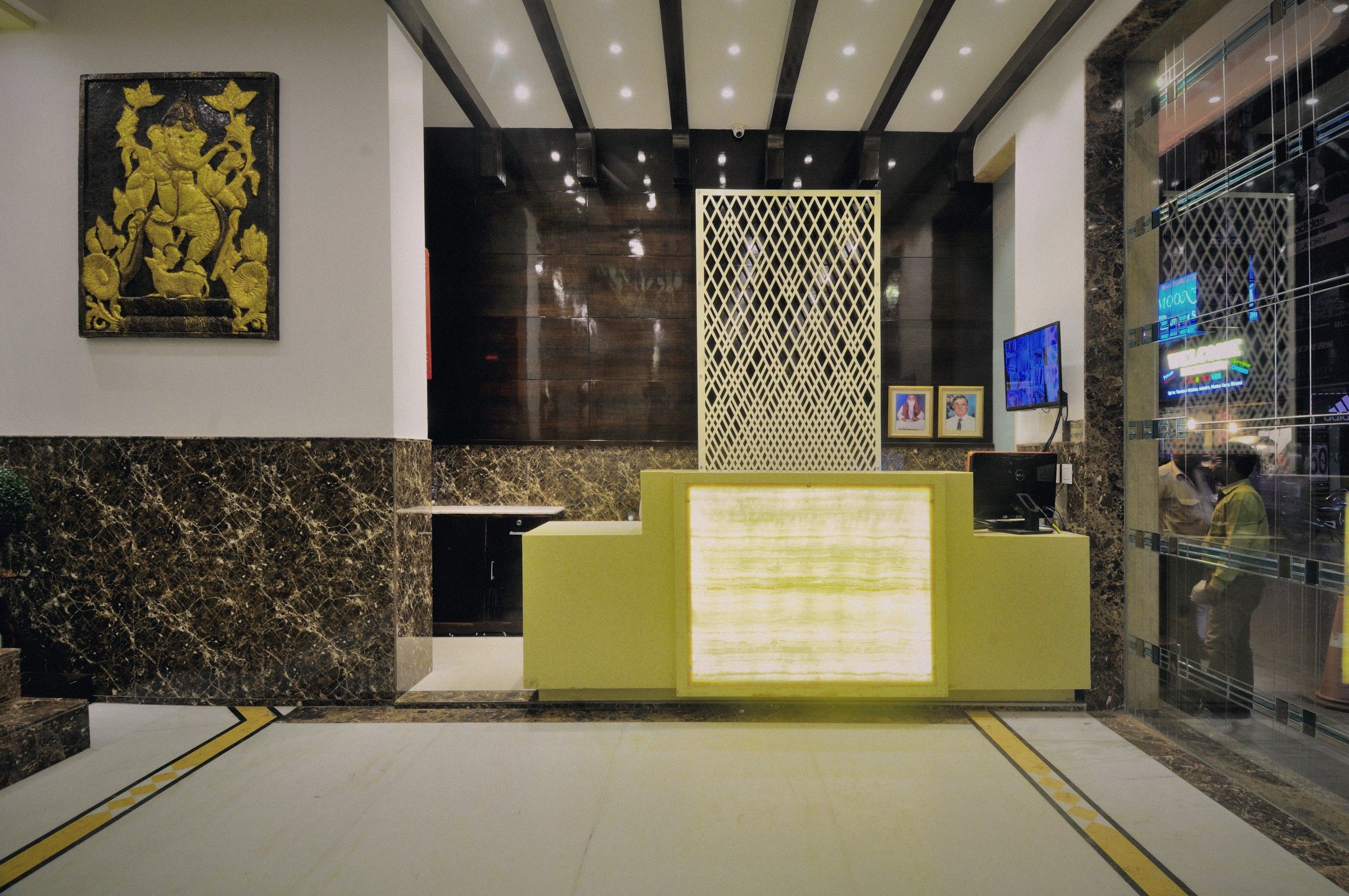 Front desk, lit from within